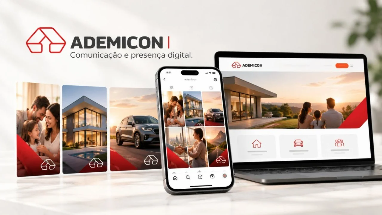 Arte recebida para ADEMICON — operação parceira, composição de comunicação digital em formato horizontal.